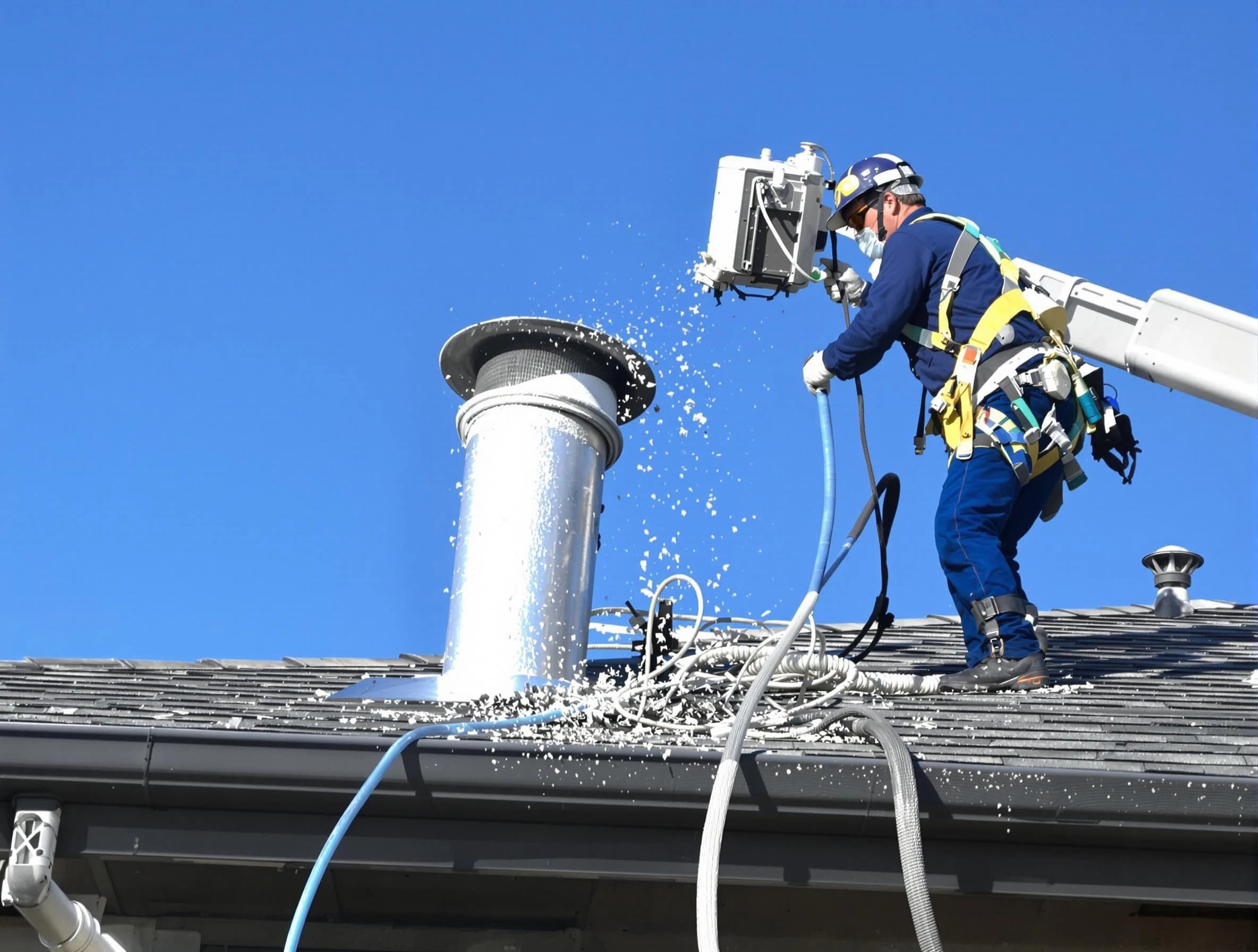 Belvedere Park Dryer Vent Cleaning certified technician safely cleaning a roof-mounted dryer vent in Belvedere Park