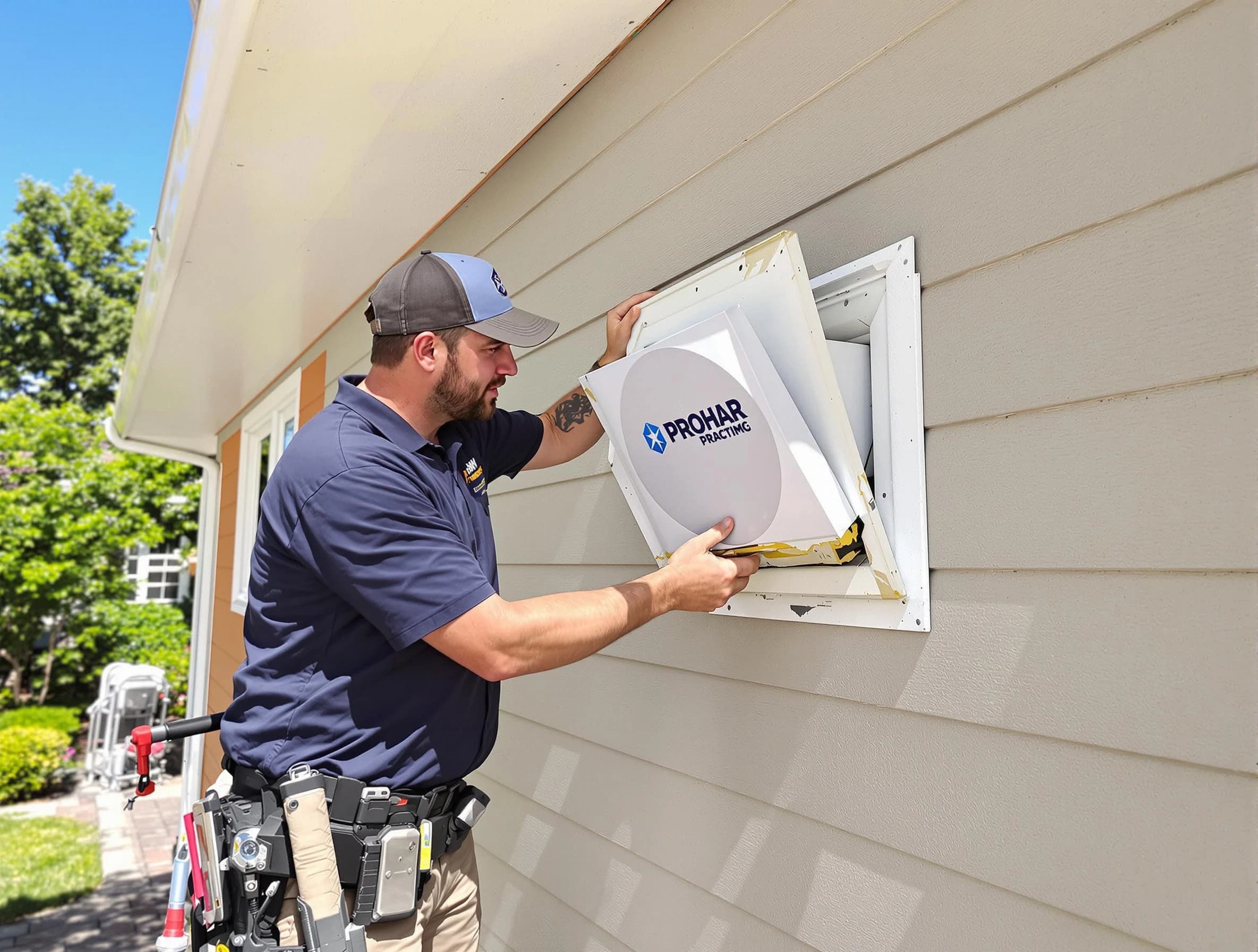 Belvedere Park Dryer Vent Cleaning technician installing a new protective dryer vent cover on a home in Belvedere Park